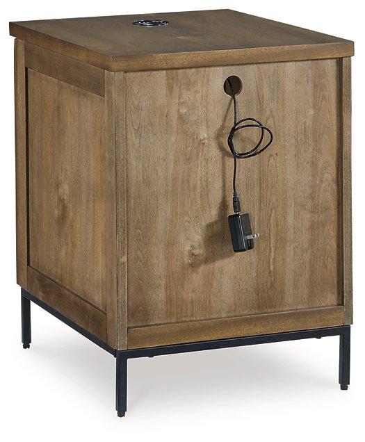 Ashley Furniture Torlanta chairside end table with a wooden top and metal frame, designed for convenient side table use.