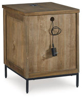 Ashley Furniture Torlanta chairside end table with a wooden top and metal frame, designed for convenient side table use.