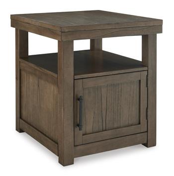 Ashley Furniture Boardernest end table with a wooden top and metal legs, stylish and functional for living room decor.