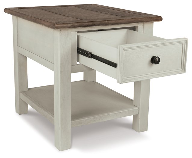 Angle view of Ashley Furniture Bolanburg End Table with open shelf and dark wood finish, showing its modern design and sturdy construction.