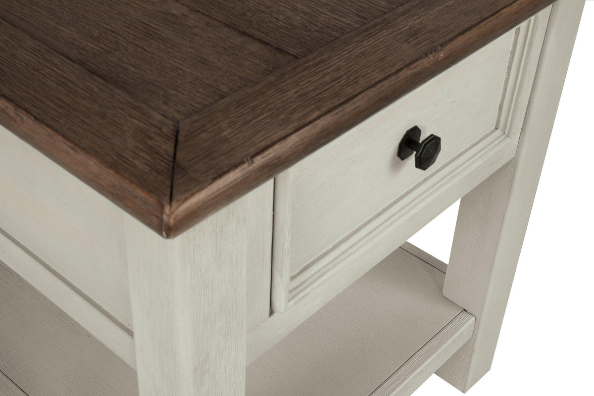 Ashley Furniture Bolanburg End Table with wood finish, featuring a spacious top and storage drawer for living room decor.