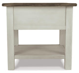 Ashley Furniture Bolanburg end table with wood finish, featuring a sleek tabletop and storage shelf for living room decor.