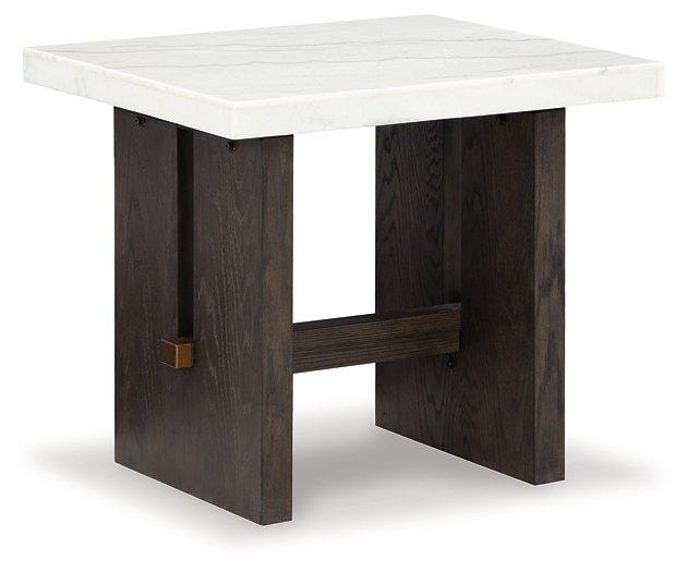 Ashley Furniture Burkhaus End Table with wood finish, featuring a sleek design and storage drawer, ideal for living room decor.