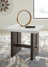 Ashley Furniture Burkhaus End Table featuring a sleek wooden surface and modern design for living room decor.