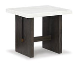 Ashley Furniture Burkhaus End Table with wood finish and modern design, featuring a smooth surface and sturdy legs.