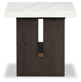 Ashley Furniture Burkhaus End Table with wood finish and modern design, featuring a sleek surface and sturdy legs.