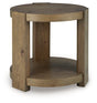 Ashley Furniture Flangren end table with a round wooden top and angled metal legs, modern accent piece for living room decor.