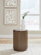 Ashley Furniture Hadonna end table with a sleek wooden surface and modern design, shown in a close-up view.