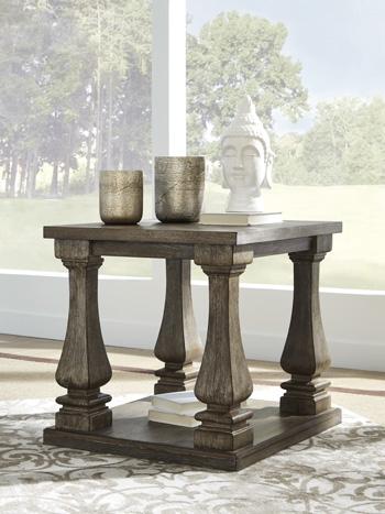 Ashley Furniture Johnelle End Table showing a wooden surface with a modern design and sturdy legs.