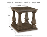 Ashley Furniture Johnelle end table with a dark wood finish and sleek design, featuring a sturdy top surface and storage drawer.