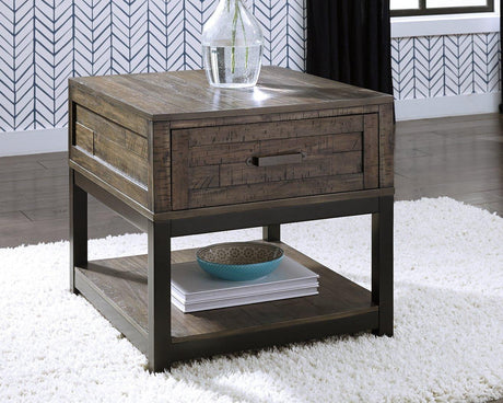 Ashley Furniture Johurst End Table featuring a dark wood finish and sleek modern design with a spacious top surface.