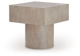 Ashley Furniture Jorielyn end table with a sleek design and angled legs, shown from a side view highlighting its modern style.