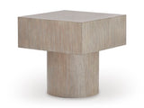 Ashley Furniture Jorielyn end table with a modern design, featuring a smooth wooden surface and sleek metal legs.