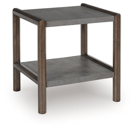 Ashley Furniture Kallenny end table with a sleek wooden top and tapered legs, perfect for modern living room decor.