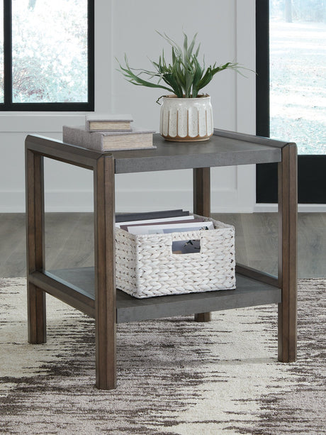 Ashley Furniture Kallenny End Table with wood finish and modern design, featuring a flat top and sturdy legs.