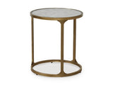 Ashley Furniture Korajane end table with a stylish wooden finish and angled design, shown from a side angle.