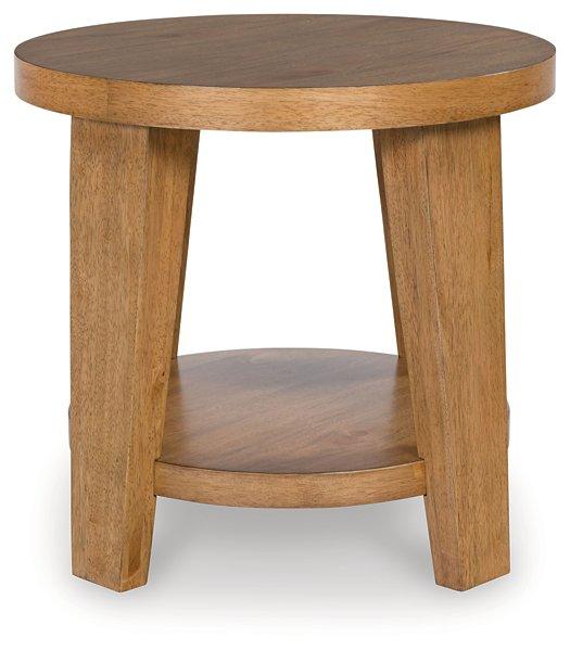 Ashley Furniture Kristiland End Table with a sleek wooden surface and modern design, perfect for living room or bedroom decor.