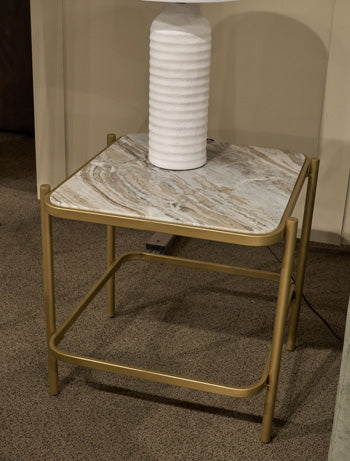Ashley Furniture Manor Stone End Table with a sturdy wooden top and tapered legs, ideal for living room or bedroom decor.