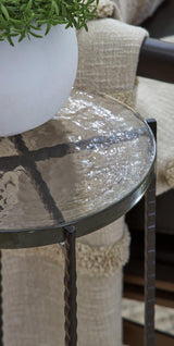 Ashley Furniture Newgoren accent end table with wooden top and metal legs, ideal for living room or bedroom decor.