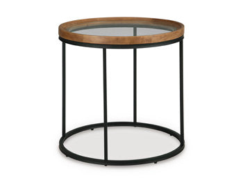 Ashley Furniture Noraluna end table with a sleek wood finish and modern design, shown from an angled view.