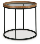 Ashley Furniture Noraluna end table with a sleek, modern design featuring a round top and angled legs.