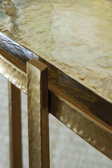 Ashley Furniture Porterville accent end table with a warm wood finish, featuring a simple design and smooth tabletop surface.