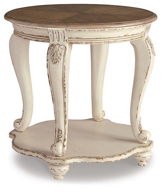 Ashley Furniture Realyn End Table with a wooden finish, featuring a sleek tabletop and stylish legs for modern living room decor.
