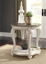 Ashley Furniture Realyn end table with a wooden top and tapered legs, perfect for living room or bedroom decor.