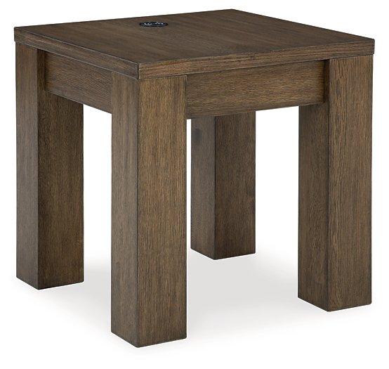 Ashley Furniture Rosswain End Table showing a wooden surface with storage drawer and sleek legs in a modern design.