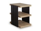 Ashley Furniture Rylandyn end table with a modern wood finish, shown from an angled view highlighting its sleek design.