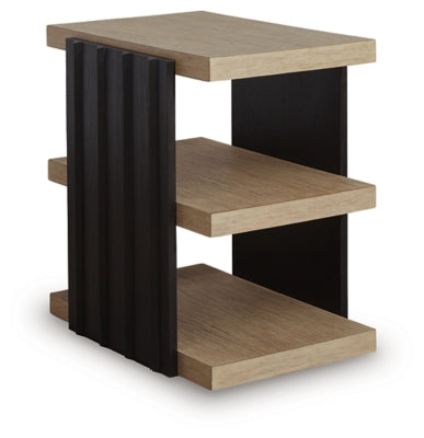 Ashley Furniture Rylandyn end table with a sleek wooden top and modern design, shown from an angled side view.