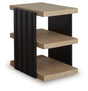 Ashley Furniture Rylandyn end table with a sleek wooden top and modern design, shown from an angled side view.