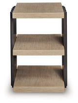 Ashley Furniture Rylandyn end table with a sleek wood finish and modern design, shown from a front head-on view.