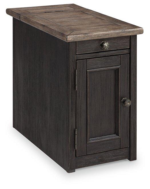 Ashley Furniture Tyler Creek end table with USB ports and outlets, featuring a wood finish and compact design for living room use.
