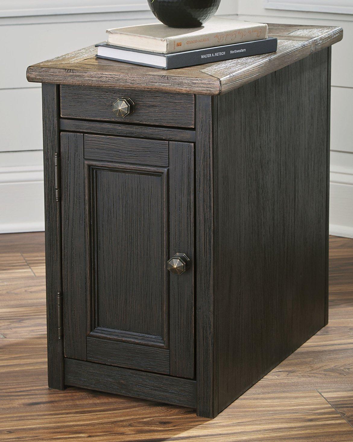 Ashley Furniture Tyler Creek chairside end table with USB ports, electrical outlets, wood finish, and storage shelf.