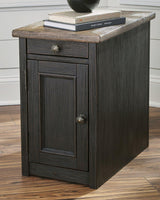 Ashley Furniture Tyler Creek chairside end table with USB ports, electrical outlets, wood finish, and storage shelf.