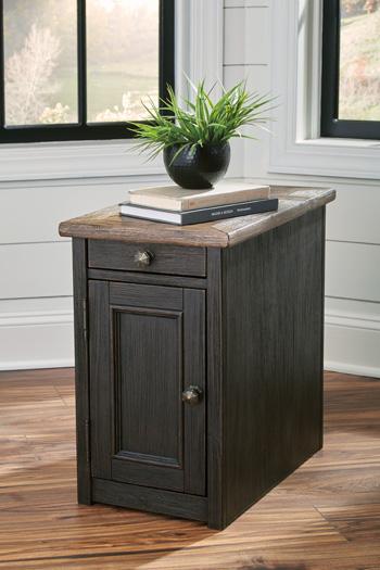 Ashley Furniture Tyler Creek end table with USB ports and electrical outlets, featuring a wood finish and compact design for living room.