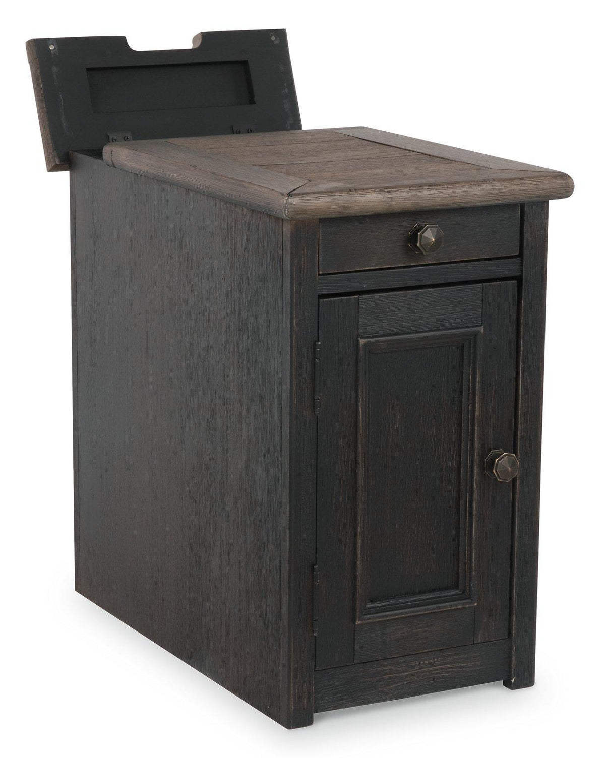Ashley Furniture Tyler Creek end table with USB ports and electrical outlets, featuring a wooden surface and storage shelf