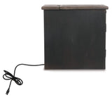 Ashley Furniture Tyler Creek end table with USB ports and outlets, featuring a wood finish and a compact, functional design.
