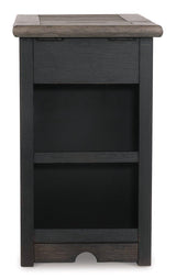 Ashley Furniture Tyler Creek end table with USB ports and outlets, featuring a wood finish and compact design for living room use.