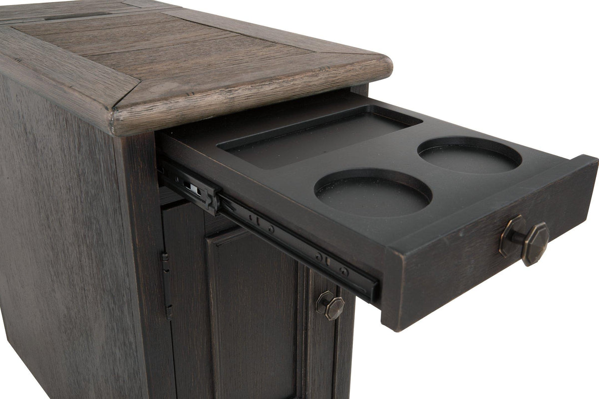 Ashley Furniture Tyler Creek end table with USB ports and outlets, featuring a wood finish and compact design for living room use.