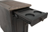 Ashley Furniture Tyler Creek end table with USB ports and outlets, featuring a wood finish and compact design for living room use.