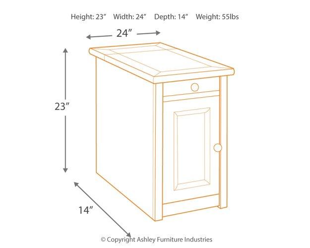 Ashley Furniture Tyler Creek end table with USB ports and outlets, featuring a wood finish and compact design for living room use.