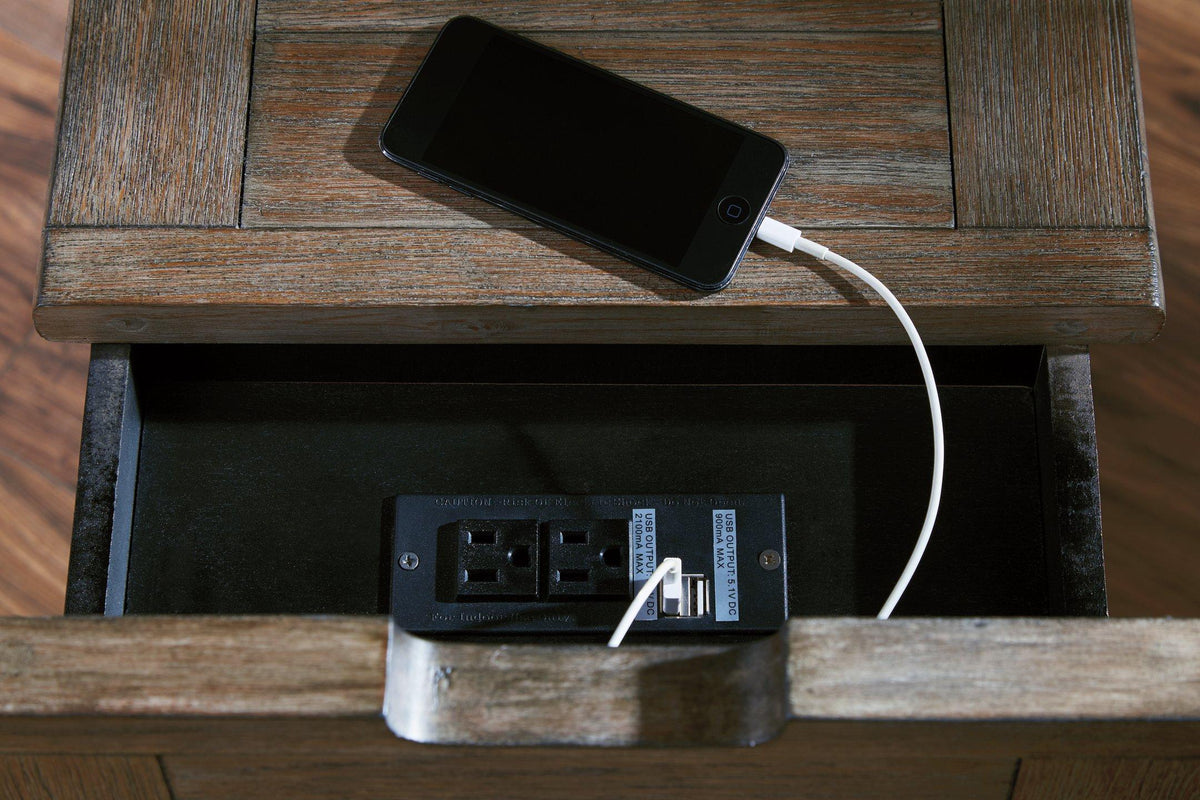 Ashley Furniture Tyler Creek end table with USB ports and outlets, featuring a wooden surface and modern design for living room.