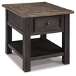 Ashley Furniture Tyler Creek End Table showing a wooden surface with rustic finish and sturdy legs for living room decor.