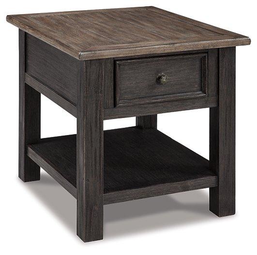 Ashley Furniture Tyler Creek End Table showing a wooden surface with rustic finish and sturdy legs for living room decor.