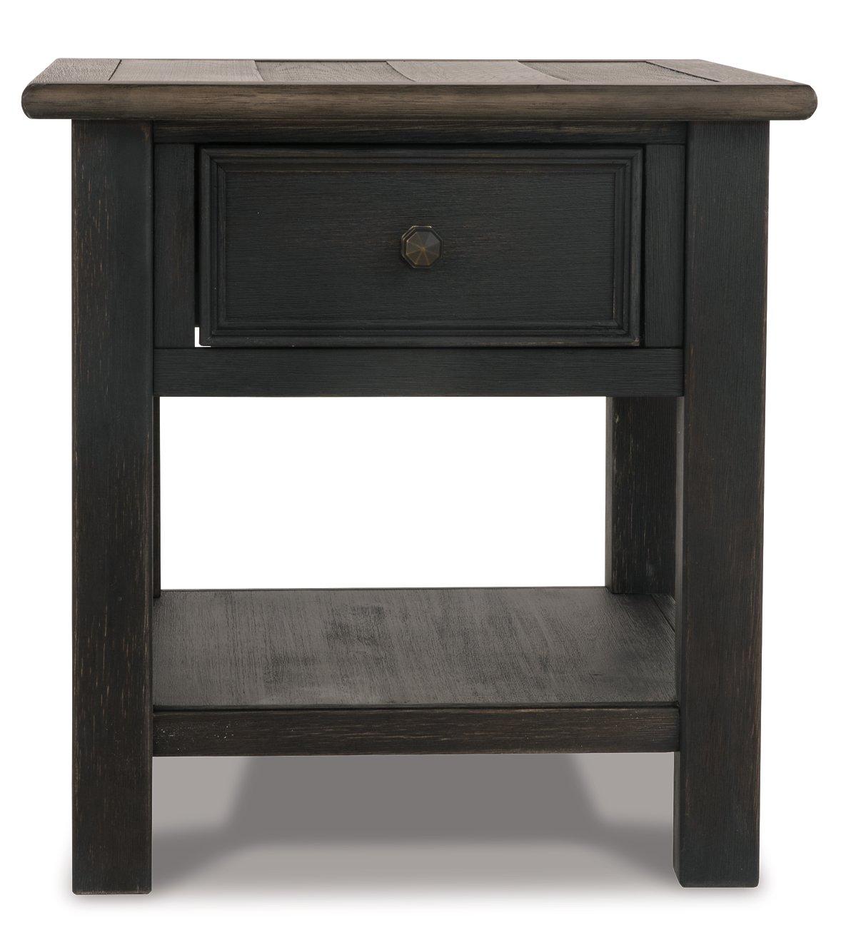 Ashley Furniture Tyler Creek end table with a wooden top and metal legs, ideal for living room decor.
