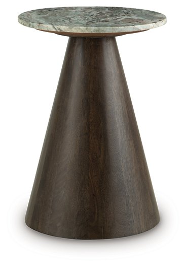 Ashley Furniture Waltnor accent end table with a wooden top and metal legs, ideal for living room or bedroom decor.