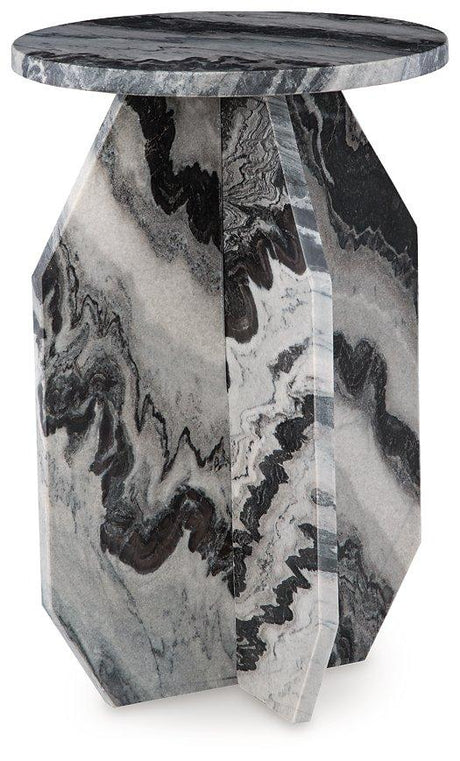 Ashley Furniture Wrenlane accent end table with a wooden top and metal legs, stylish and functional for living room decor