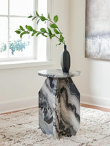 Ashley Furniture Wrenlane accent end table with a wooden top and tapered legs, ideal for living room or bedroom decor.